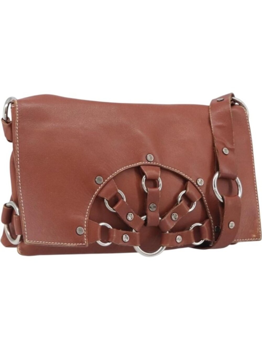 CELINE Shoulder Bag Leather Brown Silver